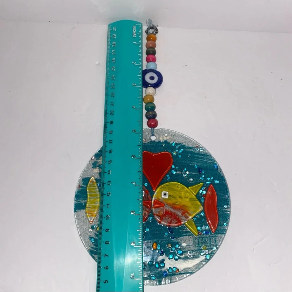 Fused Glass Wall Hanging With 2 Fish And Evil Eye Glass Bead